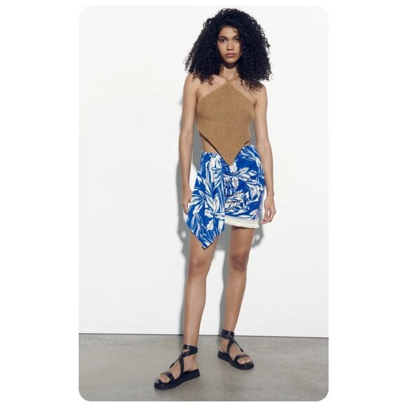 NWT Zara Blue Fringed Floral Tropical Mini Skirt sz M - Picture 1 of 9
